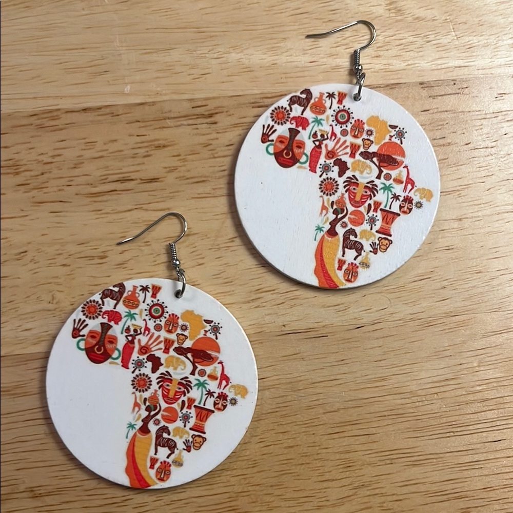 Africa Map Wooden multicolored Dangle Hook Earrings